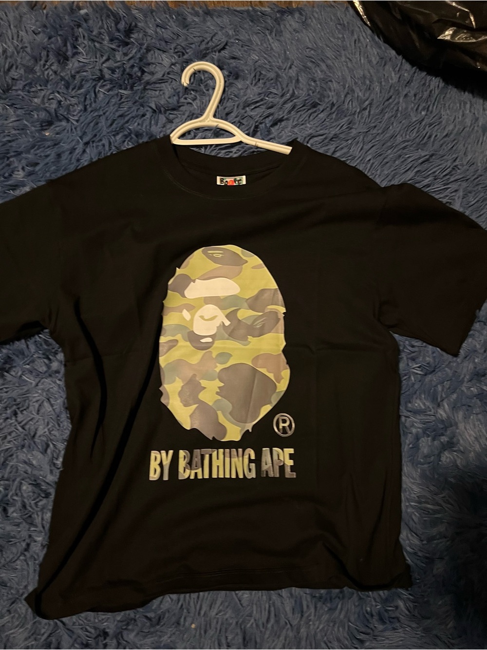 BAPE Black Short Sleeve Tee with Green Camo Ape Head Graphic